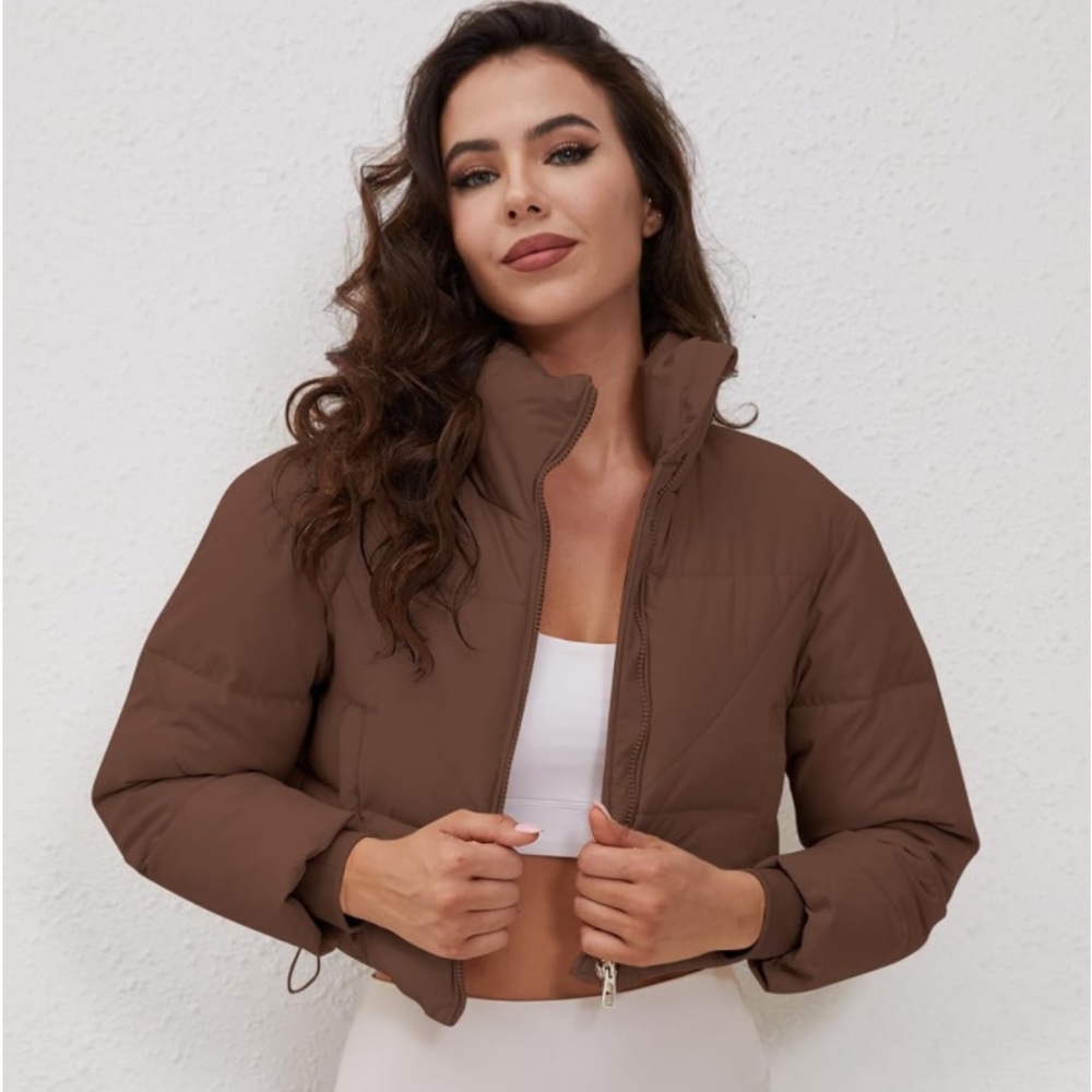 PEHMA NWT M COCOA BROWN HIGH NECK CROPPED SOFT PUFFER JACKET